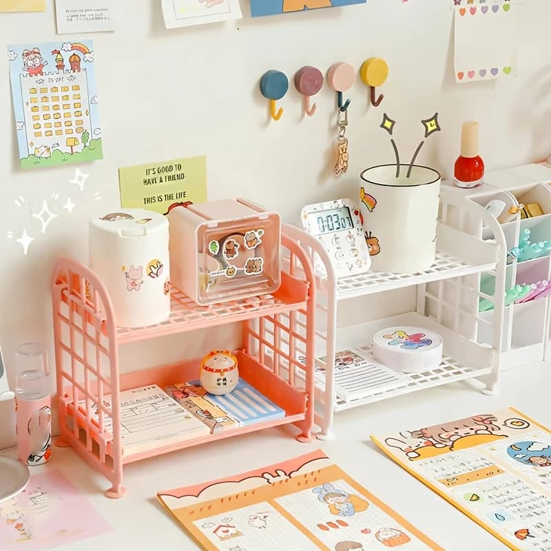 Carino portaoggetti da scrivania a doppio strato | Organizzatore per Classificazione di Cancelleria e Oggetti Vari per Scrivania in Dormitorio Studentesco