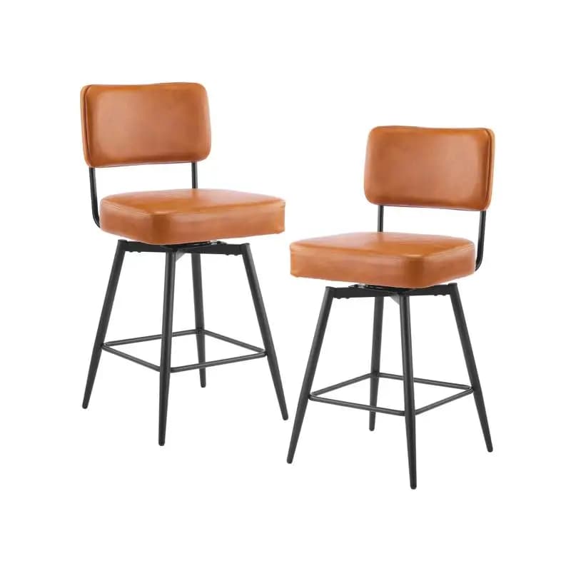 Sgabelli da bar girevoli in PU marrone da 2 pezzi con schienale rimovibile, pannello posteriore in legno curvato e gambe in metallo - Design moderno con comodo
