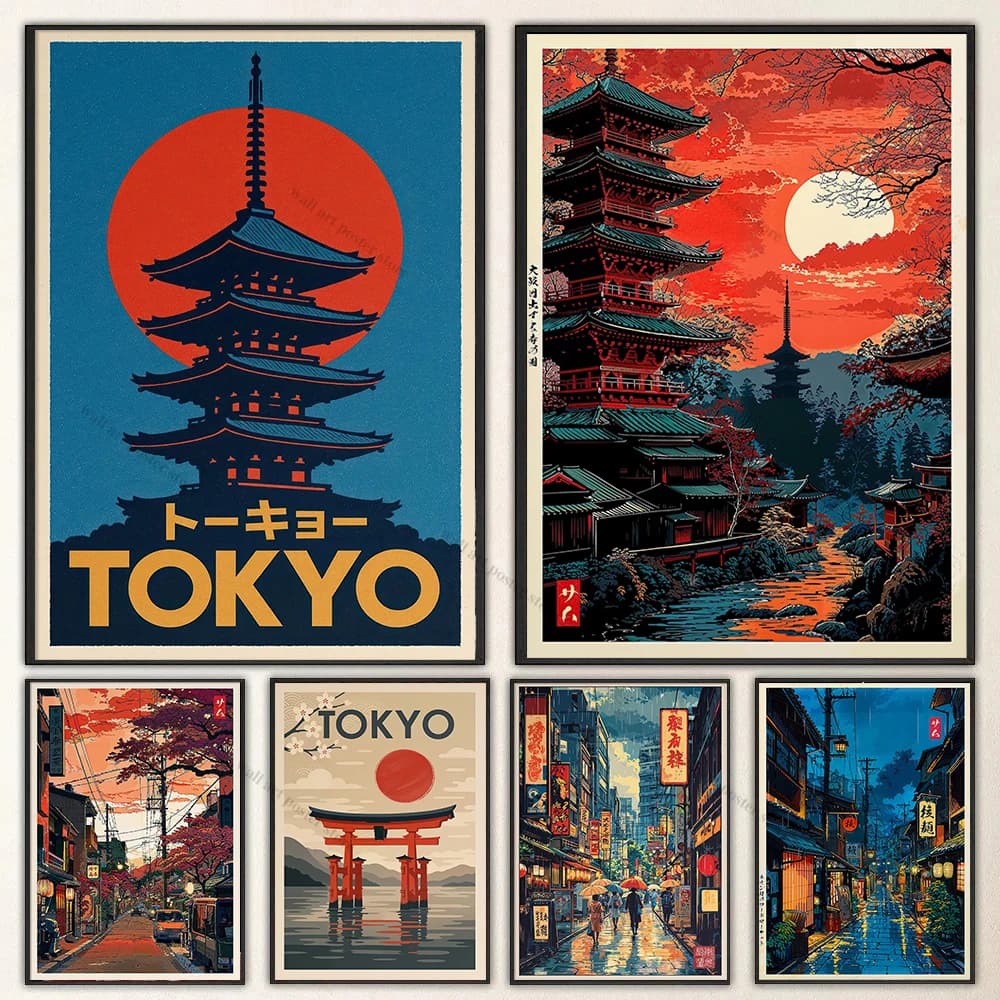 Rainy Tokyo Japanese Woodblock Tea Emple Print Anime City Poster Wall Art Decor Gift Living Room Bedroom Decorative Pictures