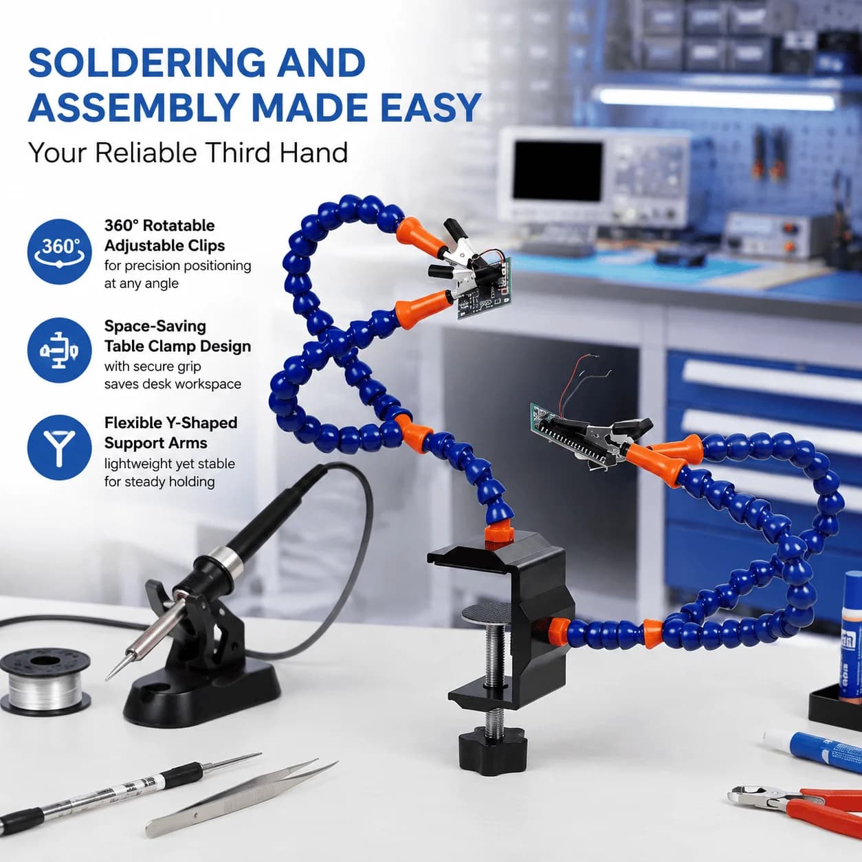 360° Rotatable Soldering Iron Holder Helping Hands Third Hand PCB Circuit Board Holder Table Clamp Arms Electronics Repair Tool