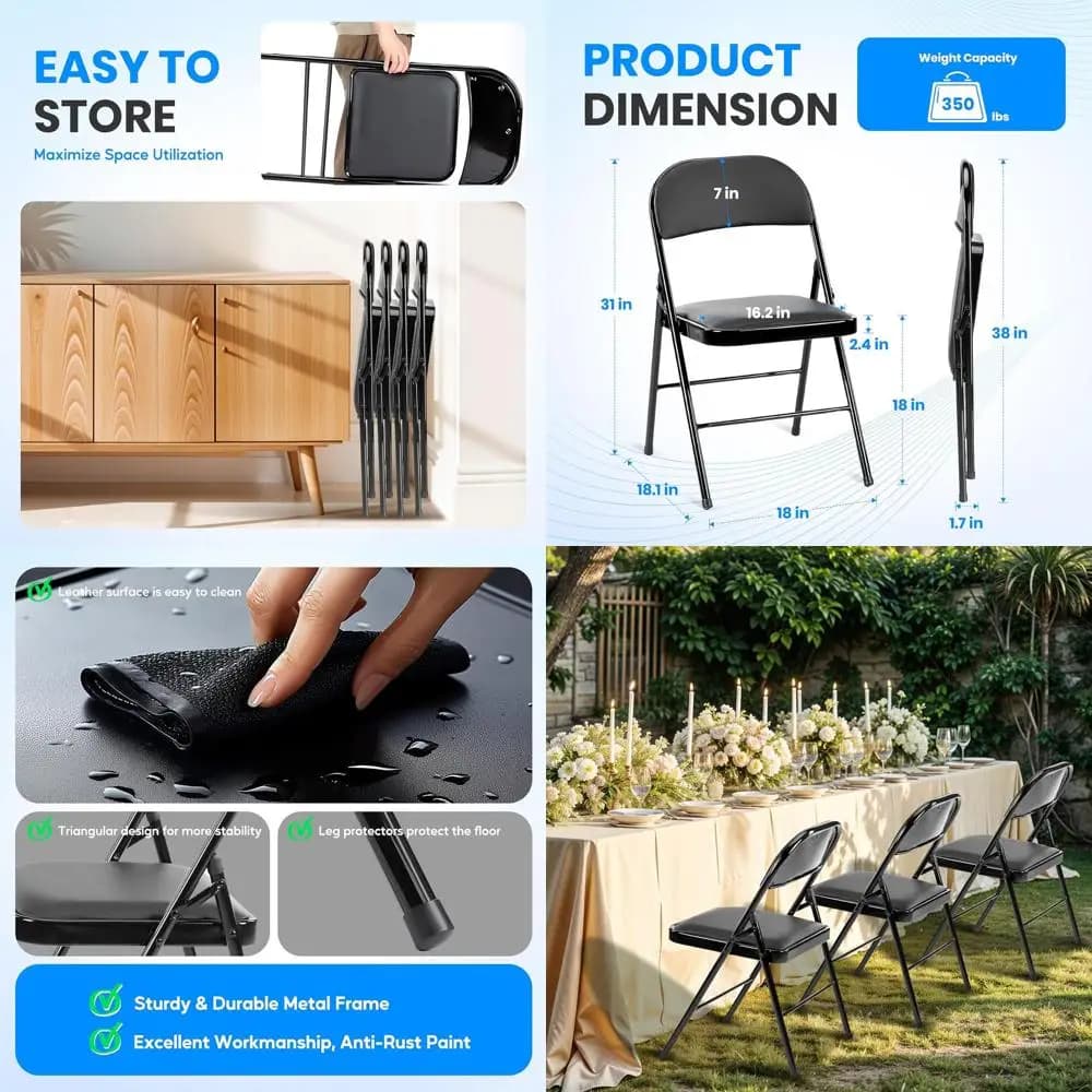 Pack of 4 folding chairs in metal with leather cushions - Comfortable, portable, ideal for events, exterior, home or office, black