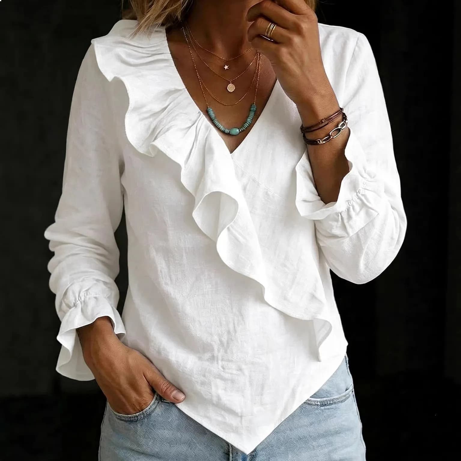 Cotton Linen V Neck Ruffle Blouse Tops Irregular Hem Flared Sleeve Shirts Blouses Spring Summer