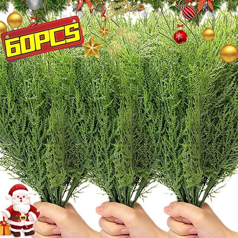 60/1 pieces artificial pine branches artificial green plants Christmas fake pine leaves tea garland ornaments for Christmas tree decorations for New Year's parties
