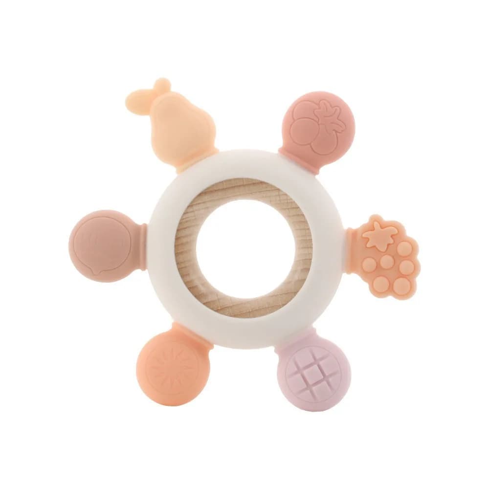 New Silicone Baby Teething Fruits Shape Grasping Baby Teether Wooden Ring BPA Free Teething Ring Newborn Accessories