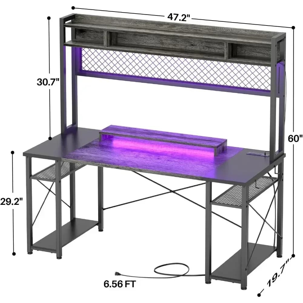 # 48 Scrivania da gioco, scrivania per computer di grandi dimensioni con LED e stazione di ricarica, scrivania da ufficio con pannello forato, presa di corrente #