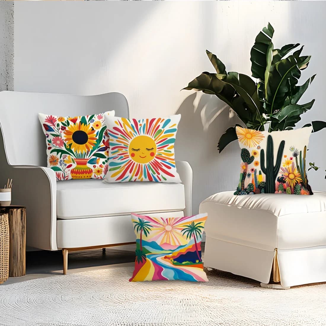 4 pieces of pillow covers with cactus print and sunflowers, single-sided, for living room, bedroom, car, home decoration