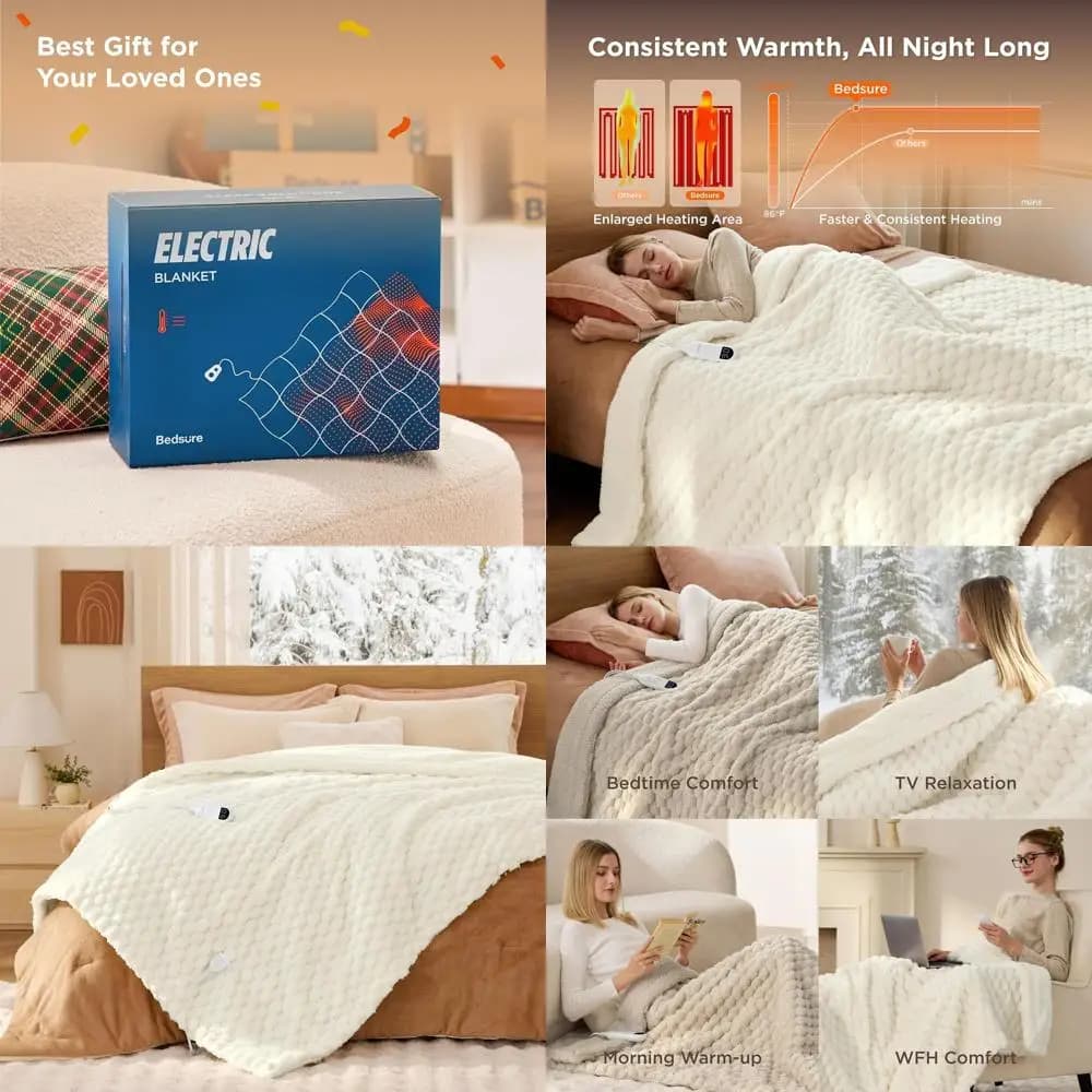 Coperta elettrica Sherpa in morbida flanella doppia con 6 livelli di calore, 10 timer, spegnimento automatico 8 ore, bianco cocco, 62x84