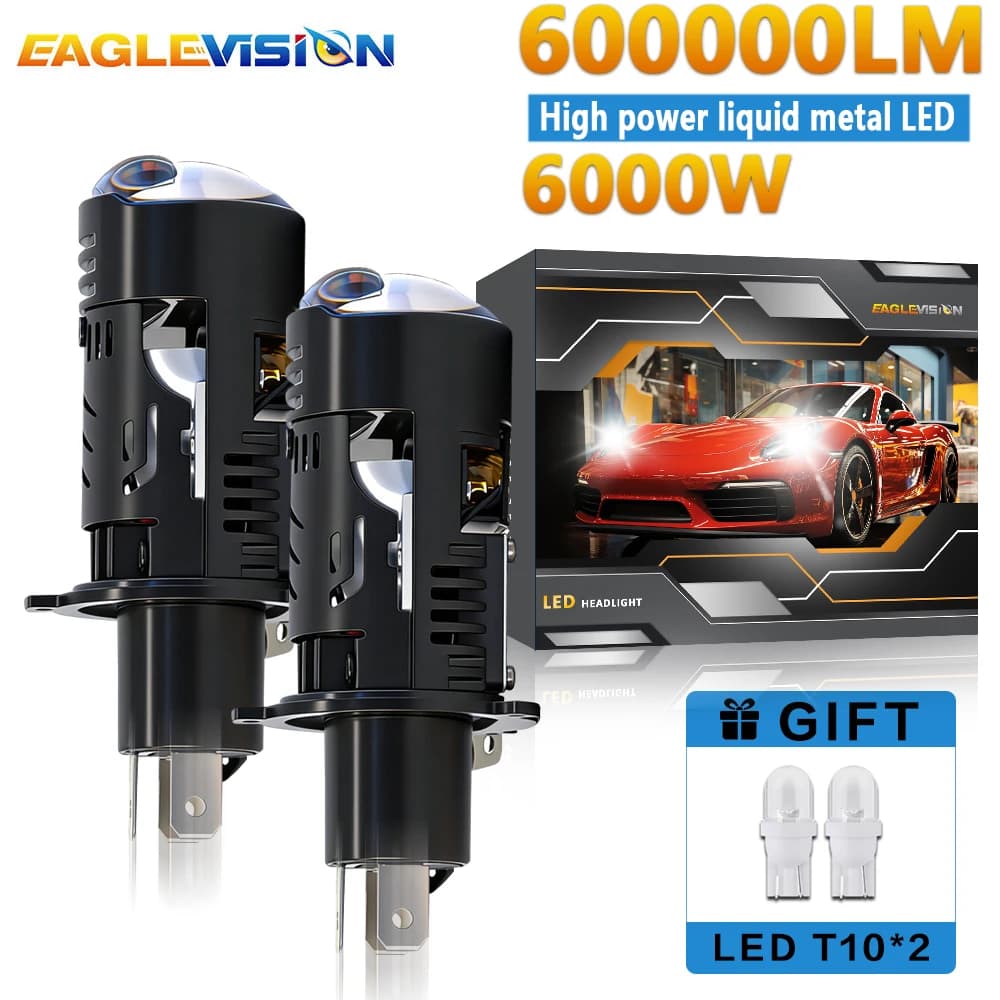 EAGLEVISION Faro LED per Auto H4 con Mini Lente Proiettore, Faro LED H4 per Moto con Lente Hi/Lo, Luce Fendinebbia 12V 24V
