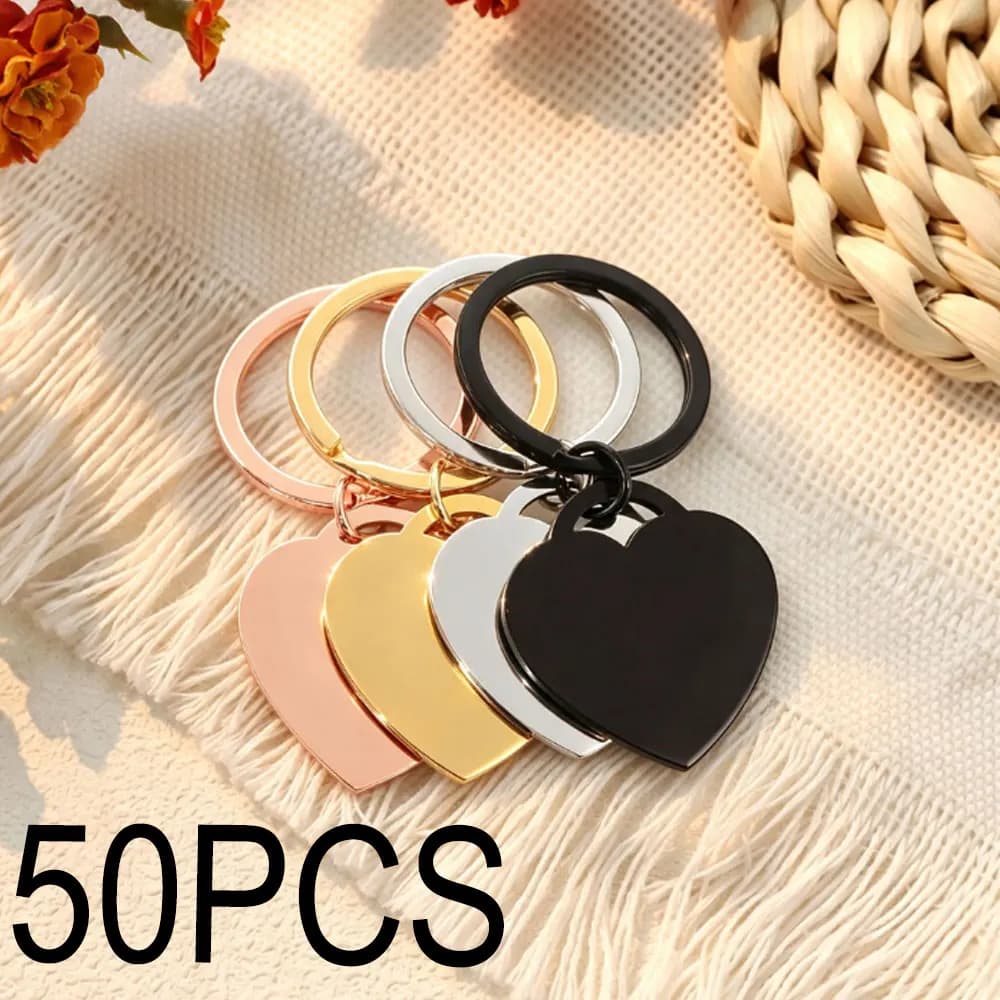 50PCS Stainless Steel Heart Pet Tag With Key Ring Mirror Polished Laser Engravable Dog Cat Collar Charm Gift