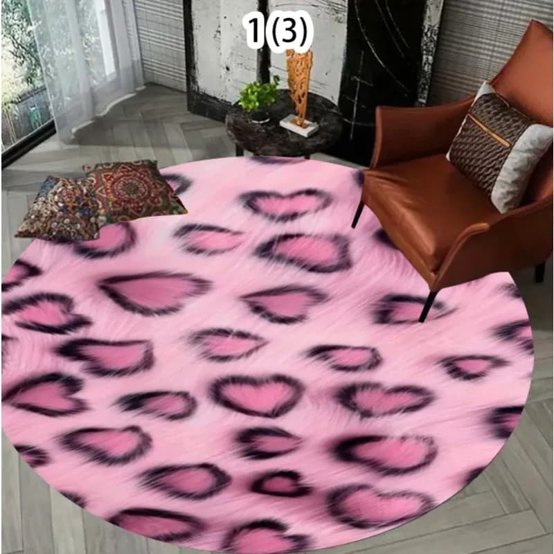 Tappeto Rotondo con Stampa Leopardata e Cuori Rosa, Morbido e Antiscivolo, Decorazione Dolce per la Casa, Tappeto Moderno per Camera da Letto e Soggiorno