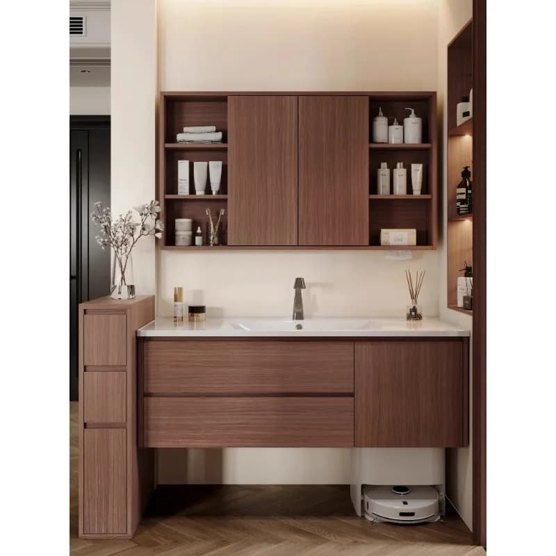 Mobile da bagno con specchio medievale feng shui, combinazione di lavabo integrato in ceramica