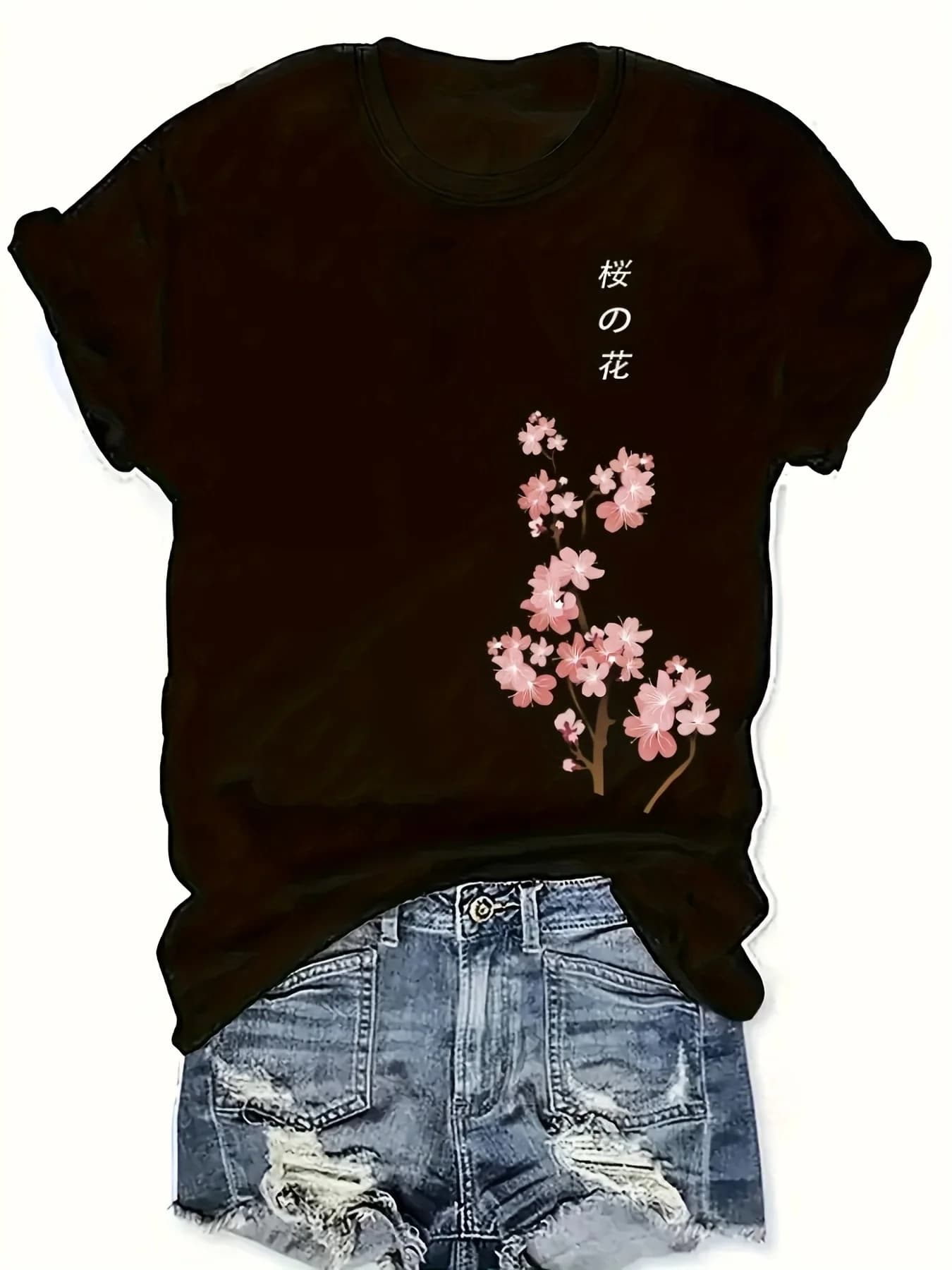 New women's t-shirt with theme printed pattern of the Japanese cherry blossom festival, trendy.
