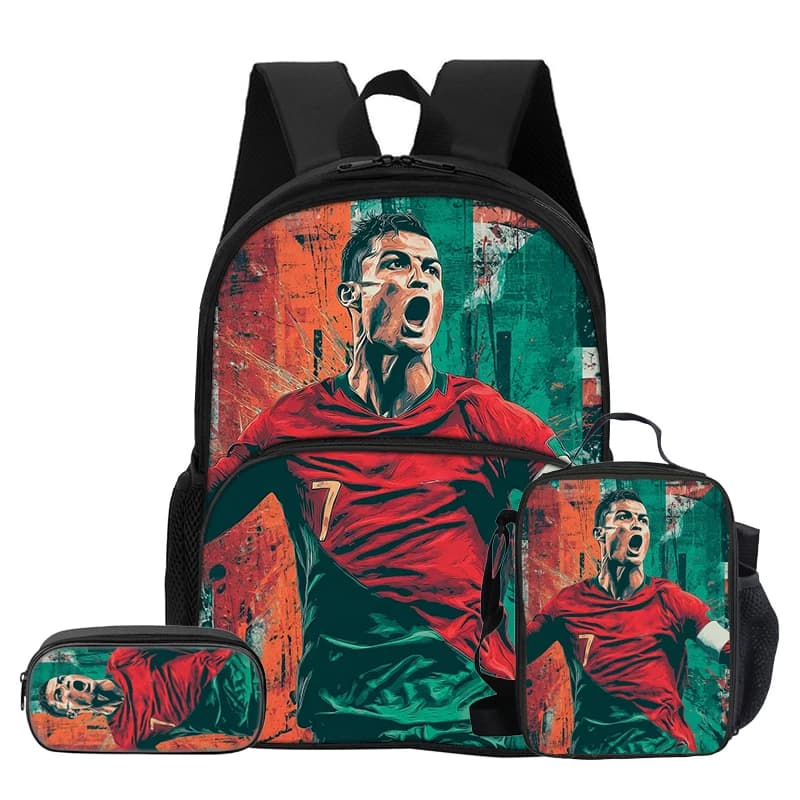 3 Pcs set with Front Pocket Backpack Ronaldo with Thermal Insulated Lunch Tote Purse CR Pencil Case Football Star Rucksack