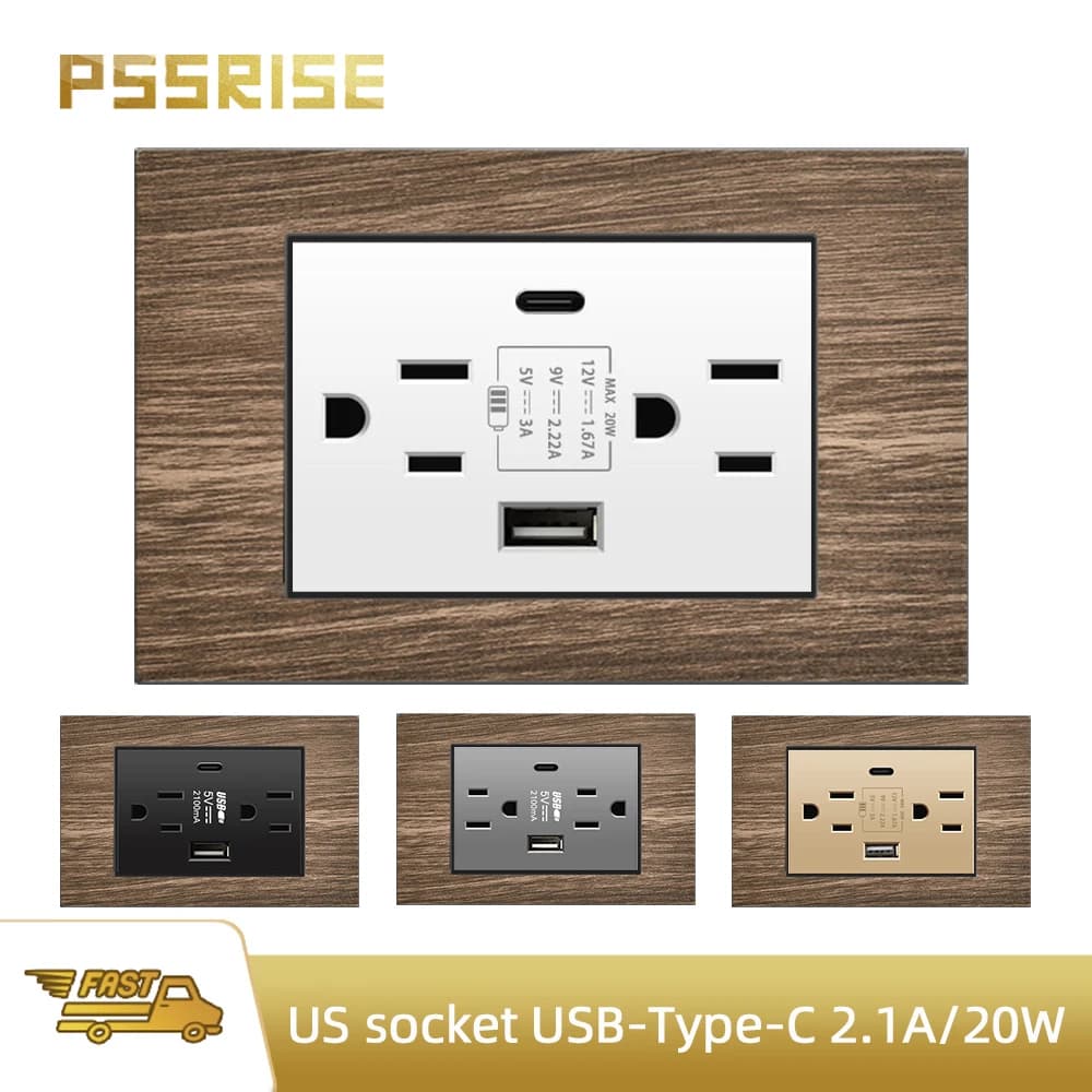 PSSRISE US Standard 118mm USB Type-c 5V 2.1A Double Sockets Wood Grain Panel with usb Charging Smart Home Appliance Plug Adapt