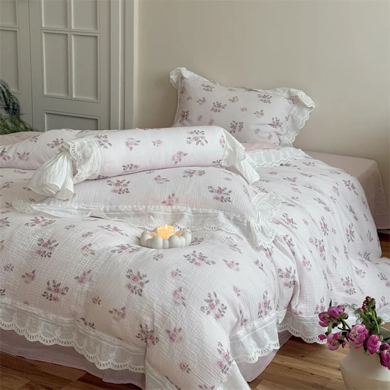 Bed linen set with lace volant with floral print 100% cotton Double layer of yarn Soft duvet cover Bed linen/sheet with corners