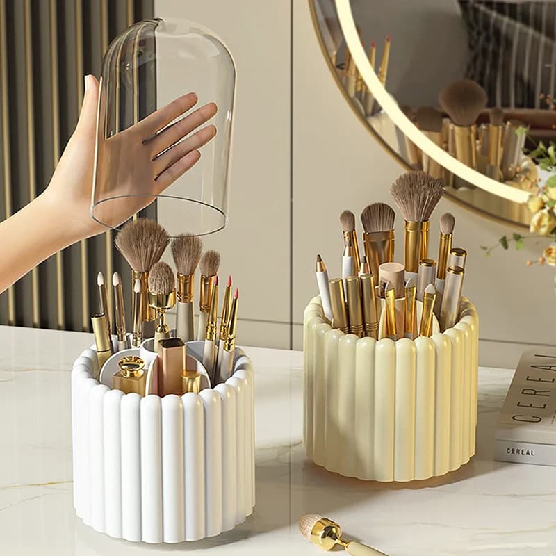 360 ° Porta pennelli per trucco rotante con coperchio Organizzatore per rossetto Conservazione cosmetica Scatola per attrezzi per trucco Contenitore per astucci per gioielli