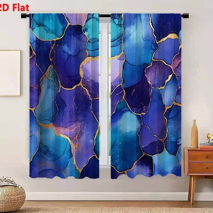 2Pcs Curtains 2D Flat Abstract Fluid Art Blue Purple Gold Vein Pattern Wall Decor Window Drapes for Bedroom Room Decor Decoratio