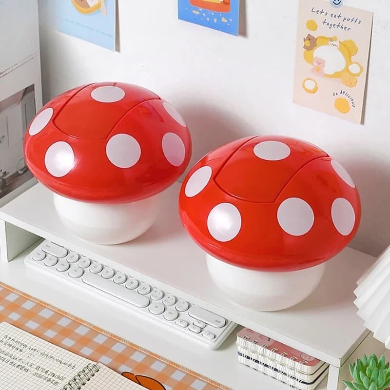 Red Mushroom Mini Household Accessories Cute Garbage Can Waste Bin with Lid Detachable Collect Rubbish Table Desk Binwastebaske
