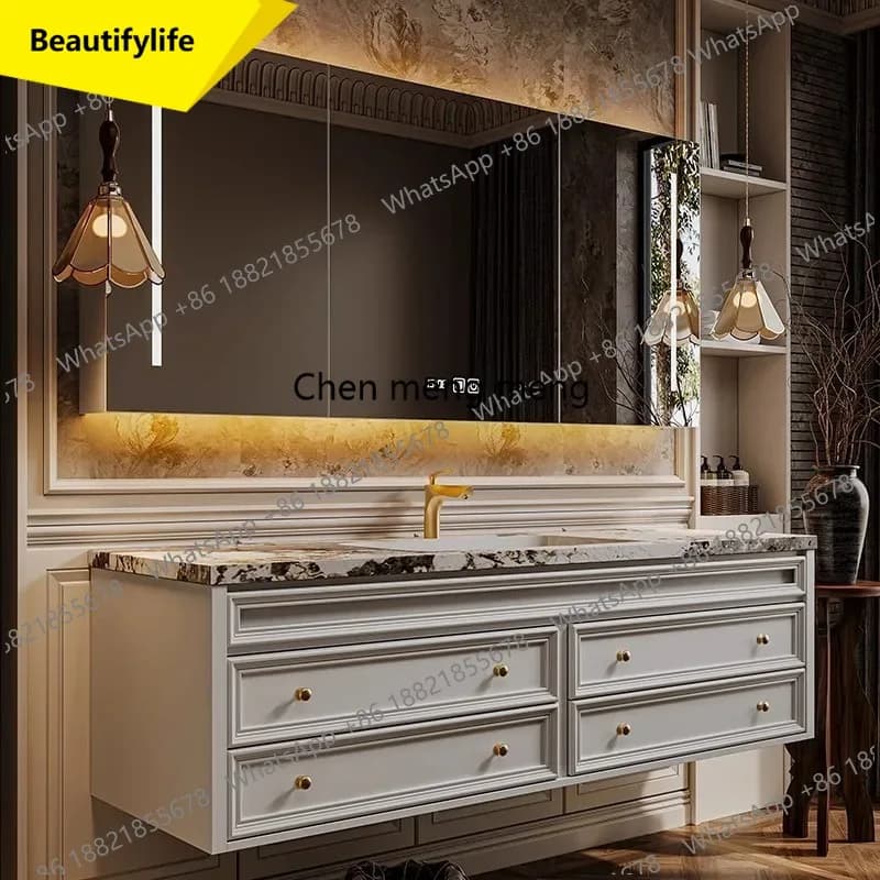 Mobile Bagno Sospeso D02 di Lusso con Cassetti Stretti, Mobiletto in Legno per Bagno