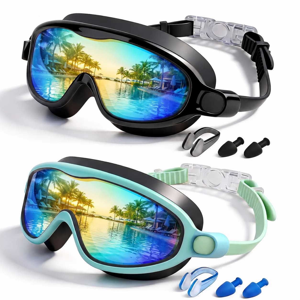 Wide View Kids Swimming Goggles Anti-Fog Leakproof Children Swim Glasses with Ear Plugs Nose Clip Summer Pool Gear Boys Girls