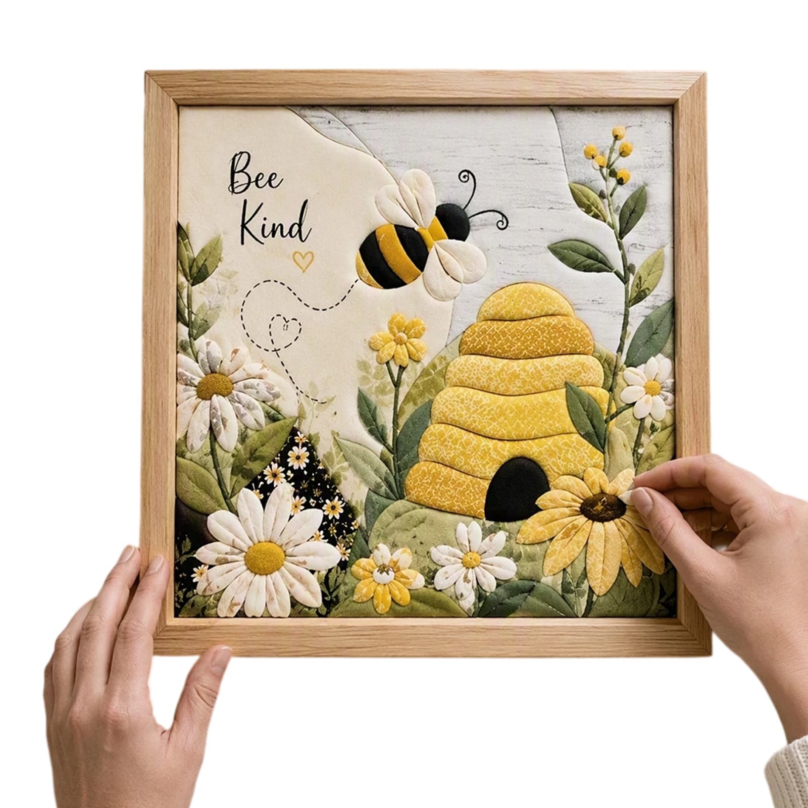 Bee Theme DIY Craft Kit Punch Needle Embroidery Honeycomb Sunflower 3D Texture Wall Art Rustic Home Decor Wood Frame