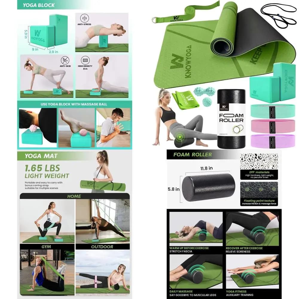 Starter kit yoga tutto in uno: tappetino, rullo in schiuma, 4 fasce, 2 blocchi, cinghia, 2 palline da massaggio per principianti
