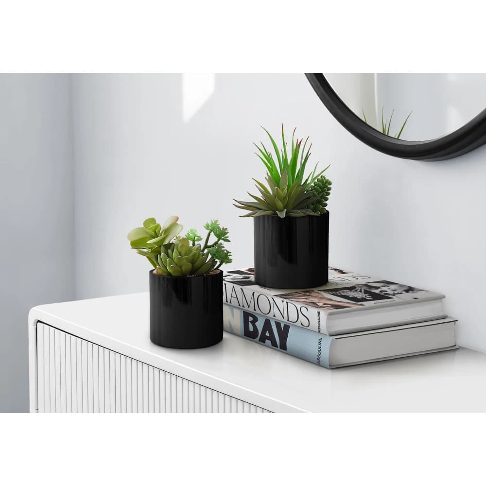 Set of 2 Artificial Succulents, 7" Tall Potted Faux Green Plants with Glossy Black Pots, Decorative Indoor Tabletop Greenery for Home & Office