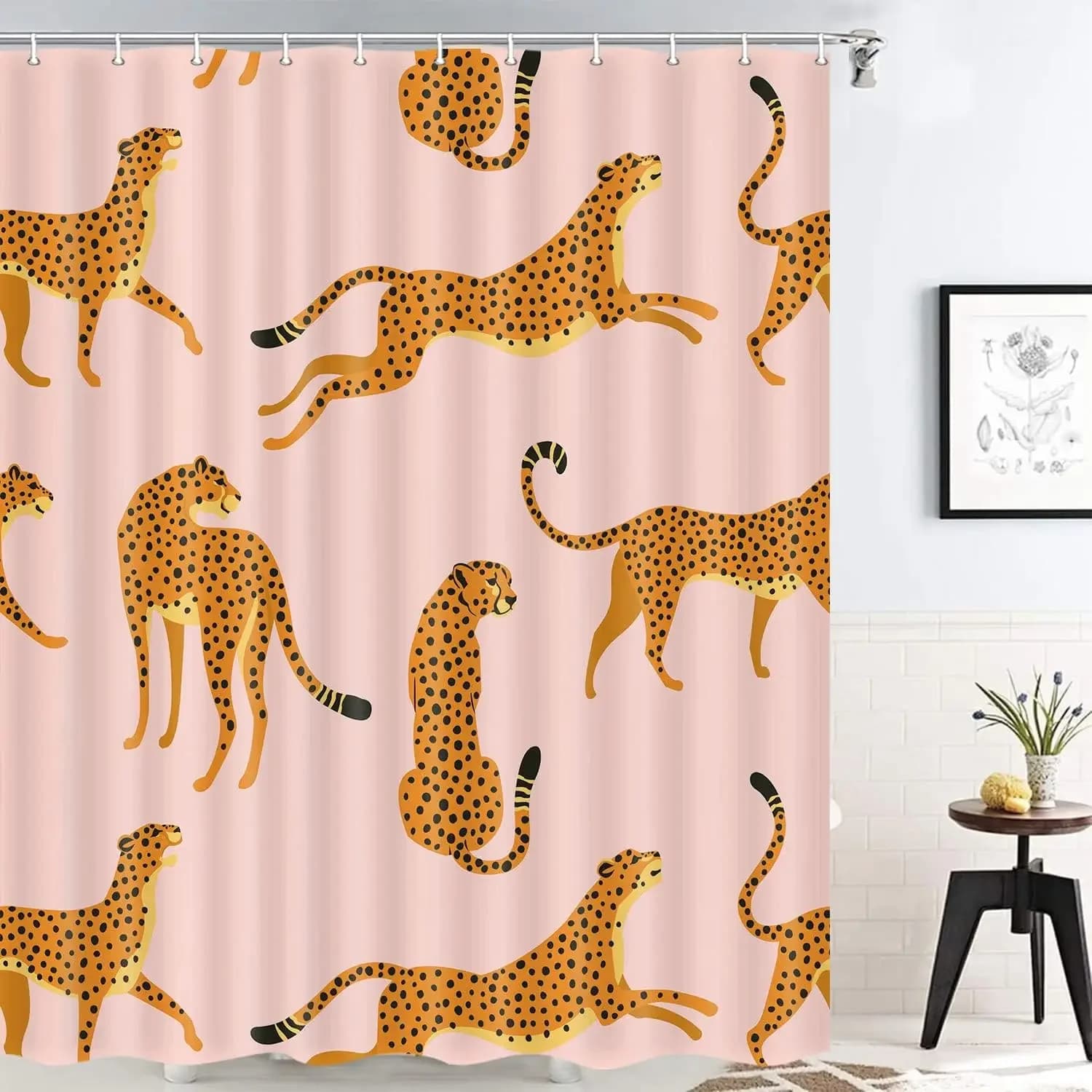 Shower curtain in leopard fabric, shower curtain with tropical animal cheetah for bath, pink with hook 180X180 cm
