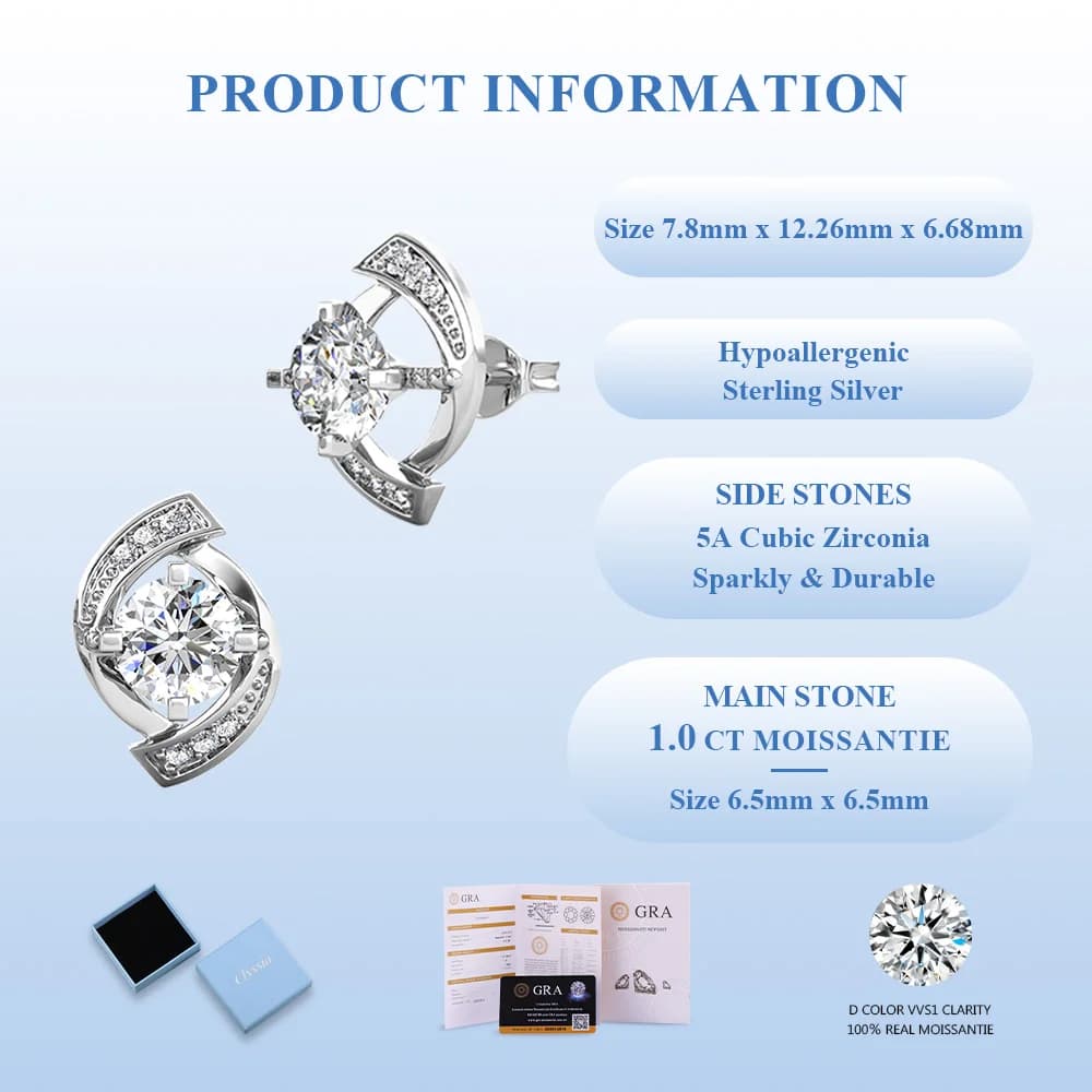 D VVS1 Moissanite GRA Certified Earrings for Women 925 Sterling Silver 18k White Gold Plated Elegant Comfort Fit