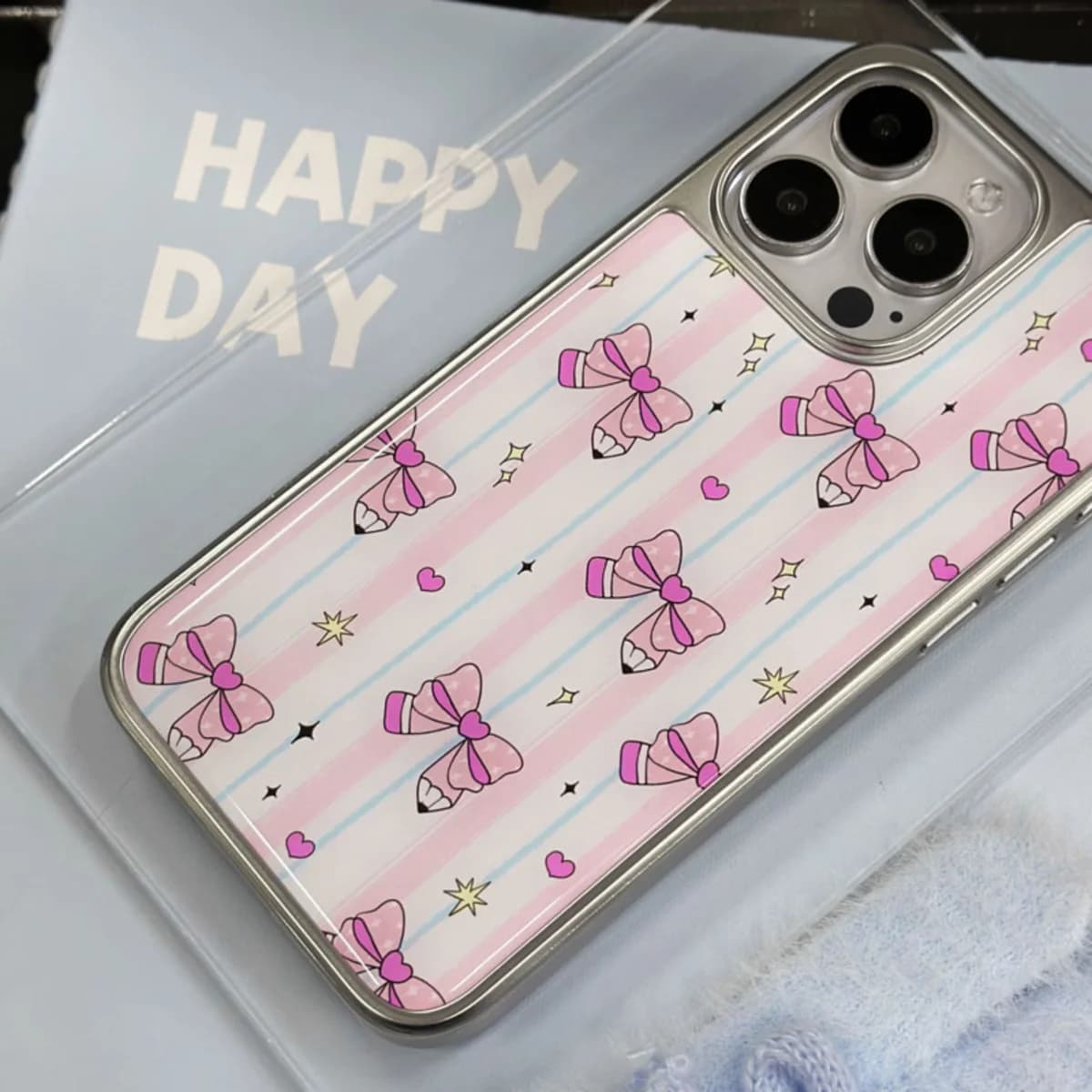 Custodia per telefono Kawaii rosa con fiocco, stella e bordo argentato con colla a goccia per iPhone 17 AIR 16 15 14 13 12 11 PRO MAX PLUS, anti-caduta