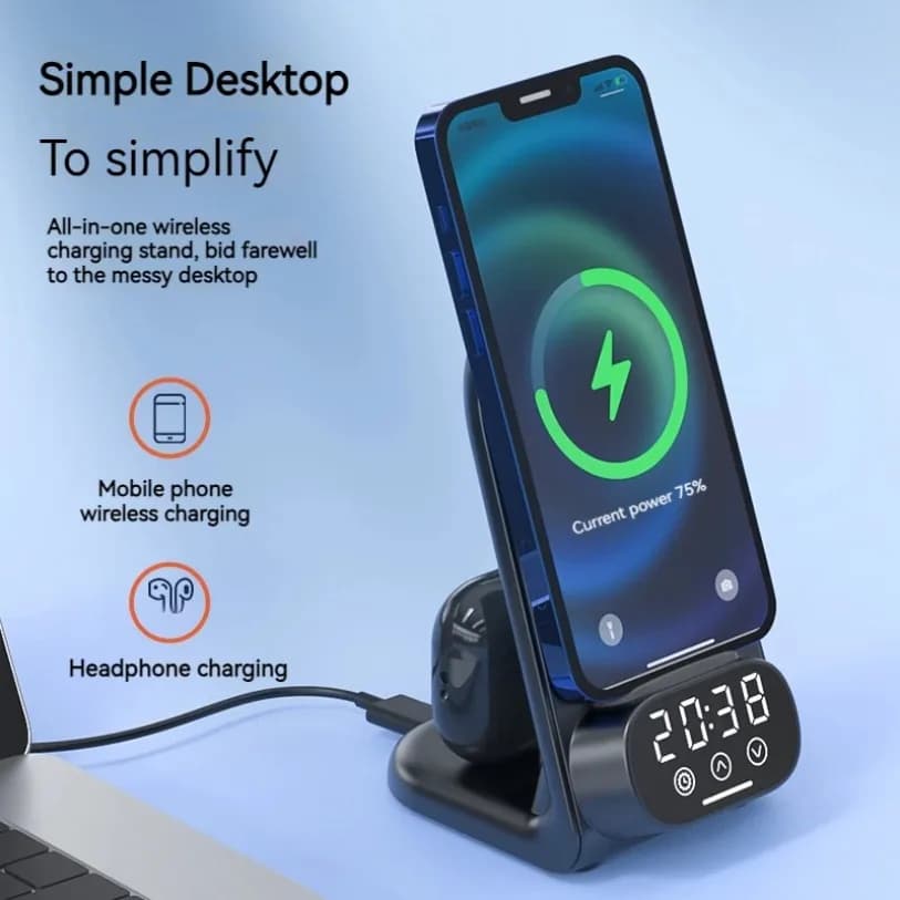 Supporto per caricabatterie wireless con orologio da 15 W per Airpods Tipo-C Auricolare Stazione di ricarica wireless veloce per iPhone 17 16 15 14 13 12 Samsung