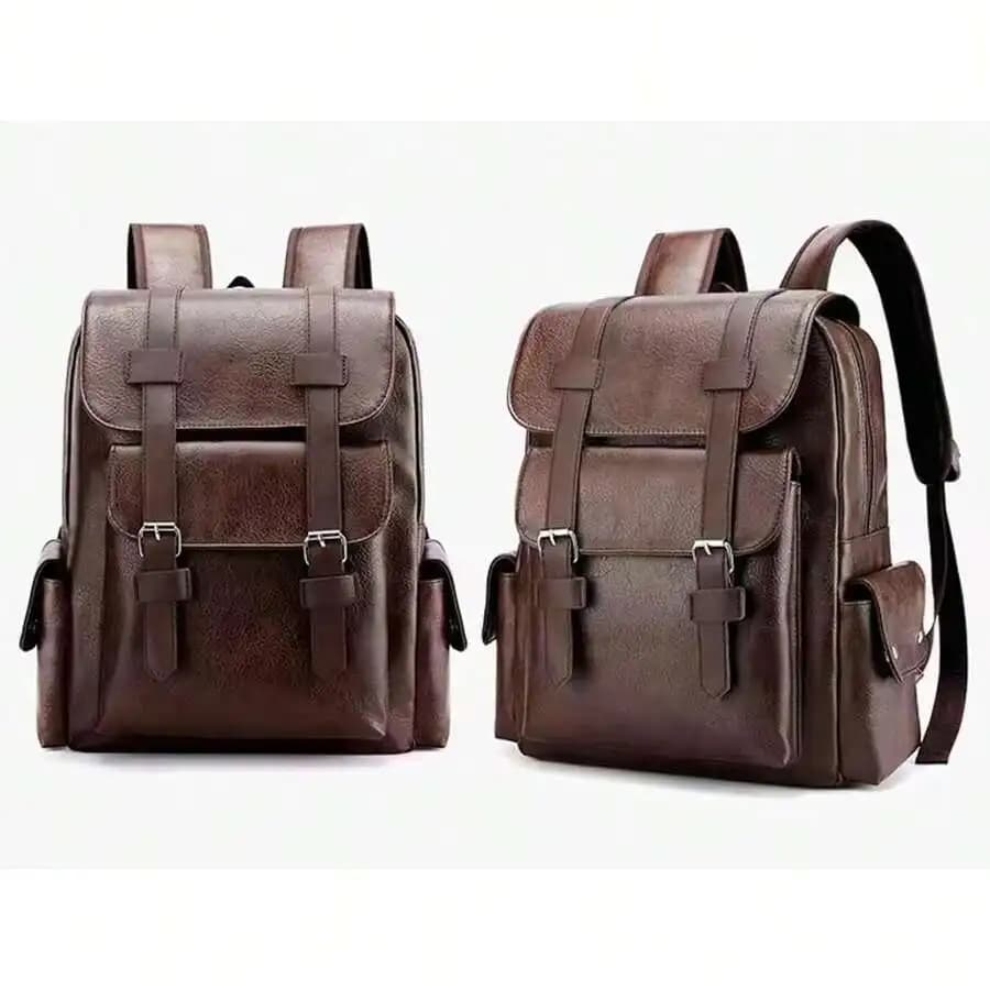 PU Leather Backpack For Men And Women 15.6 Inch Laptop Waterproof Travel Commuter Bag Brown Medium