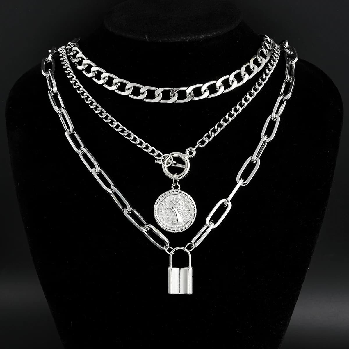 Collane multistrato con ciondolo moneta per donna uomo punk argento colore impilabile serratura collana a catena in metallo gioielli di moda per feste