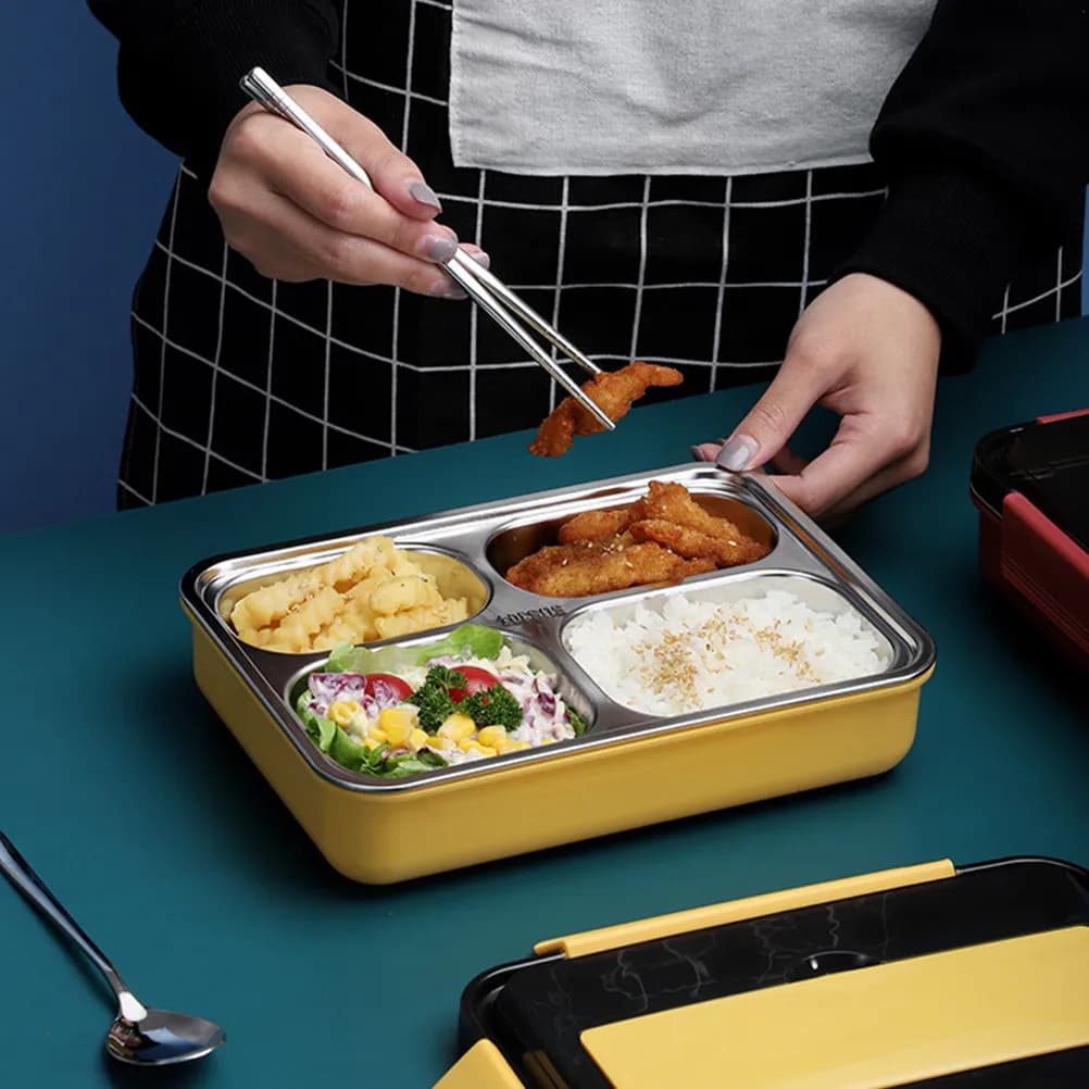 Contenitore per il pranzo in acciaio inossidabile a 4 scomparti con coperchio ermetico per la preparazione dei pasti e la conservazione degli alimenti in ufficio, a scuola e in viaggio