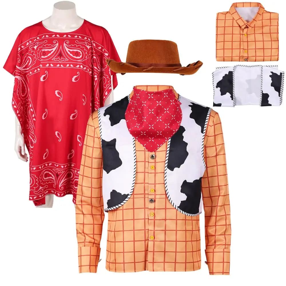 Costume da Woody per Adulti, Camicia a Maniche Lunghe, Cappello, Sciarpa, Travestimento per Giochi di Ruolo, Outfit per Halloween e Carnevale