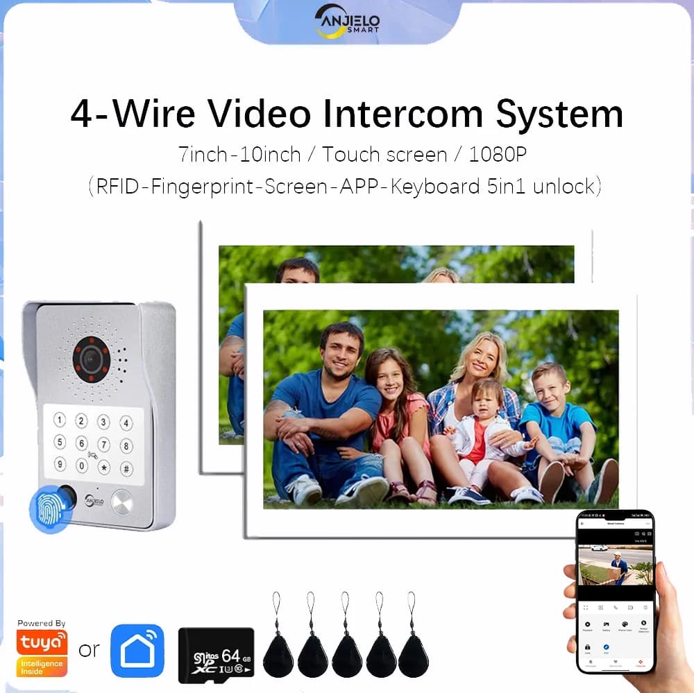 ANJIELO Videocitofono Smart WiFi Tuya 5in1 con Telecamera da 10 Pollici, Rilevatore di Movimento, Sblocco con Impronta Digitale, 1080P