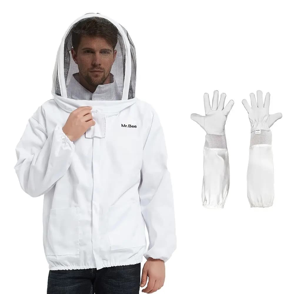 Giacca da Apicoltore con Velo Rimovibile, Guanti in Pelle di Capra per Apicoltori Professionisti XXL