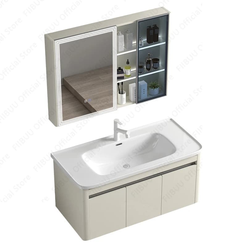 Mobiletto da bagno moderno con lavabo in ceramica integrato, lavabo combinato, rubinetto con specchio galleggiante a parete, scarico