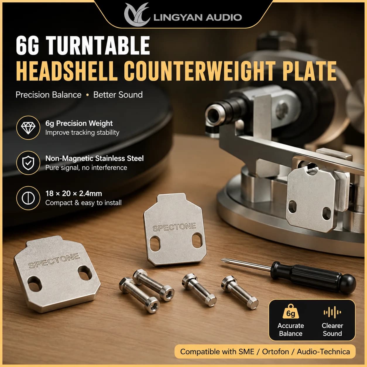 6g Headshell Counterweight Plate 18x20x2.4mm Non-Magnetic Balance Weight for SME Ortofon SH-4 Audio-Technica AT-HS1 AT-HS6