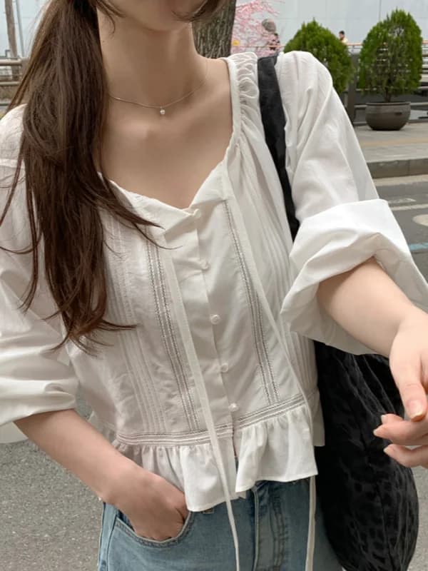 Chic Long Sleeve Women's Shirt Sweet Lantern Sleeve Beautiful Hem Korean Style Waist Cinched Korean Fashion Style Blouse
