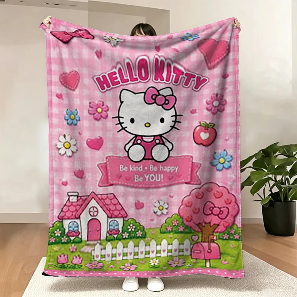 Pink Cartoon Cat Blanket House Tree Flower Pattern Throw Blanket for Kids Girls Bedroom Living Room Decor