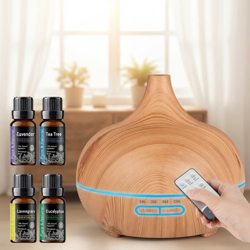 Diffusore di venature del legno da 500 ml | Luce 7 colori + telecomando | Umidificatore ad ultrasuoni per la casa