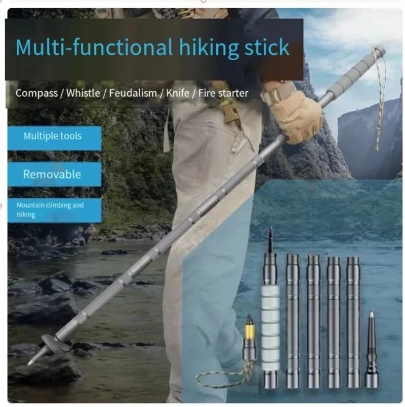 Foldable Multi Trekking Pole w/Compass Whistle Hidden Cutter