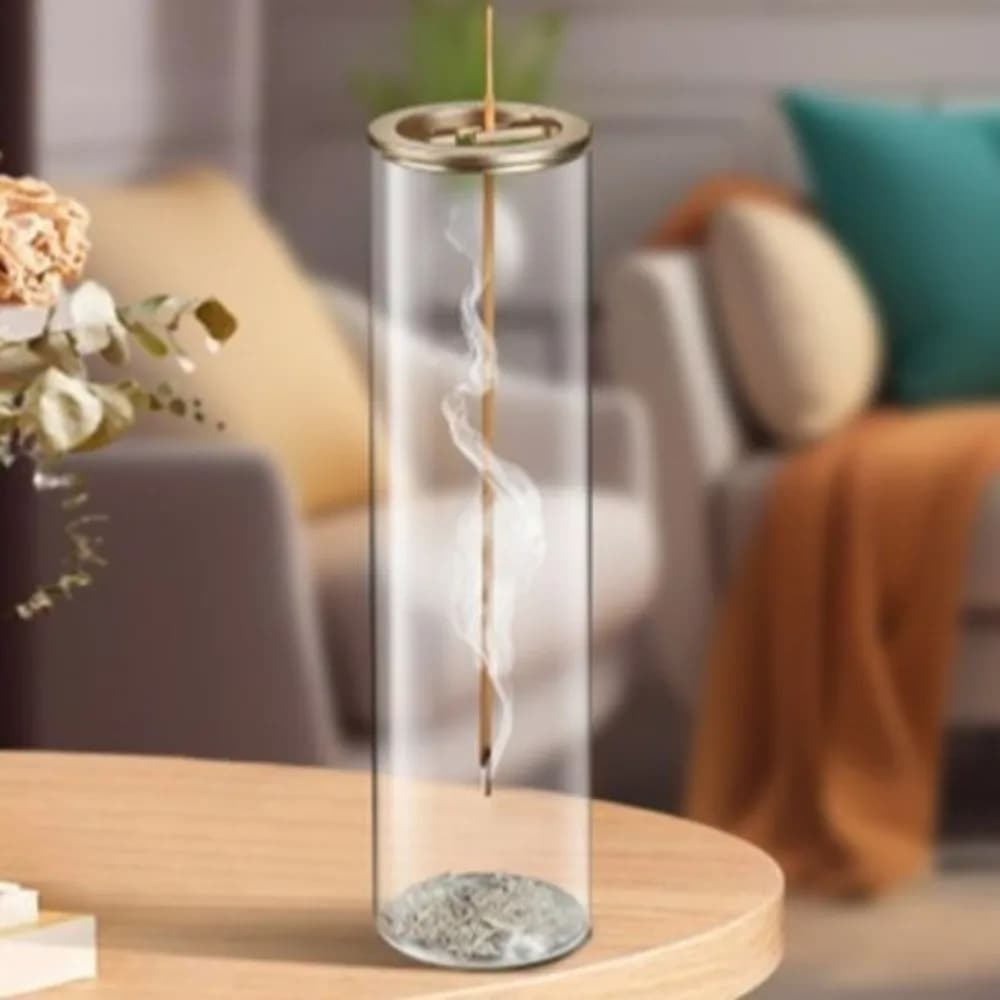 Porta Incenso Cilindrico Trasparente Minimalista con Raccoglitore di Ceneri Rimovibile Stile Zen Anti-Ceneri Volanti