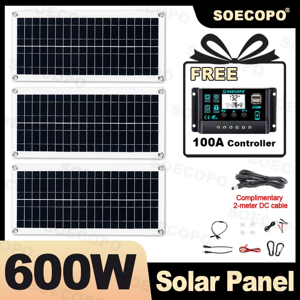 SOECOPO Set di pannelli solari portatili da 600 W Pannello solare da 3 * 200 W con controller 100A gratuito USB 5 V Telefono fotovoltaico da campeggio perfetto