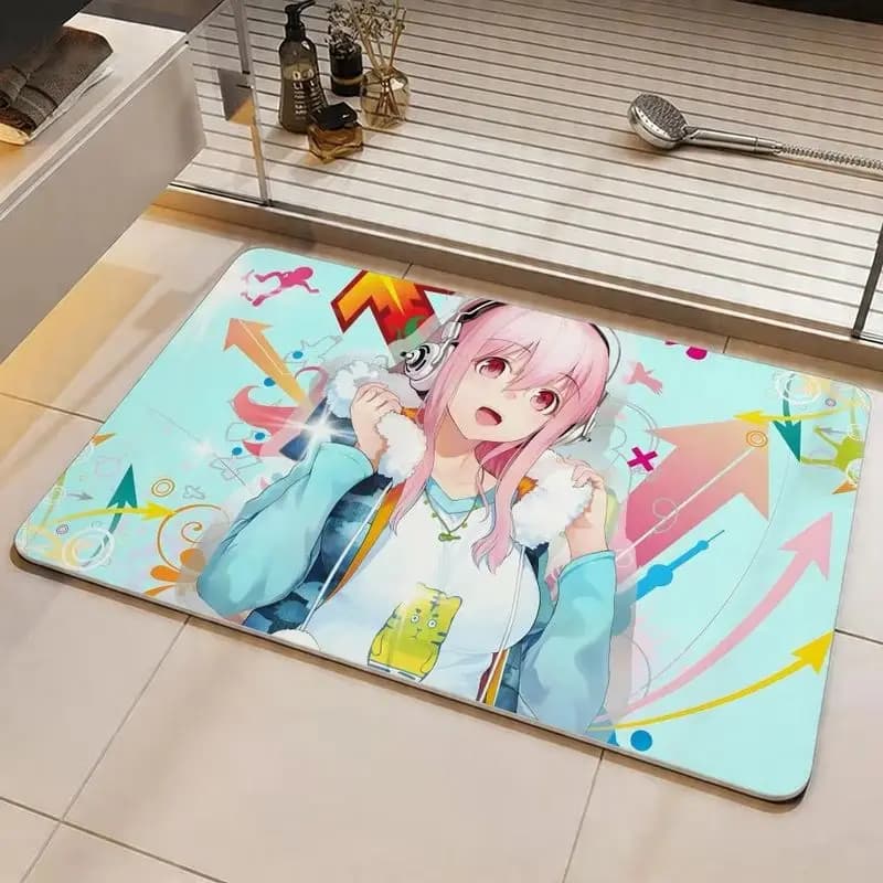 VIKAMA Japanese Style Anime Bathroom Doormat, Super Absorbent Non-Slip Indoor Outdoor Mat, Bedroom Decorative Rug for Home