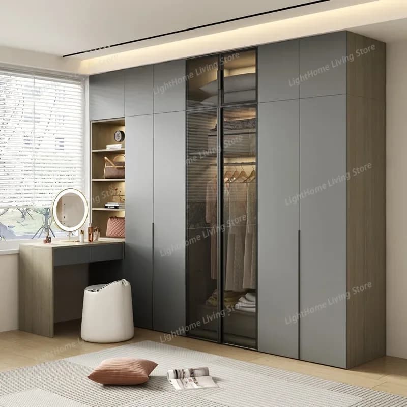 Wardrobe Cream Wind Modern Flat Sliding Door Glass Door Bring A Desk With Lamp Side Cabinet Cupboard Furniture Big Bedroom Desk