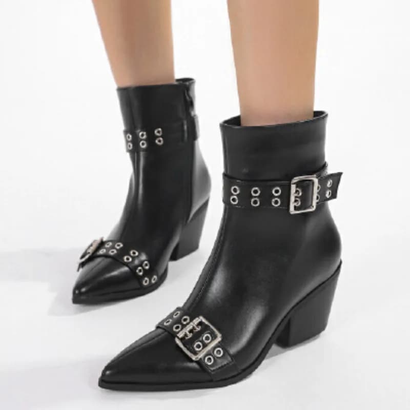 Stivaletti da donna in pelle PU nera con tacco alto a punta Stivaletti Chelsea da donna con fibbia in metallo punk invernale Stivaletti corti da donna