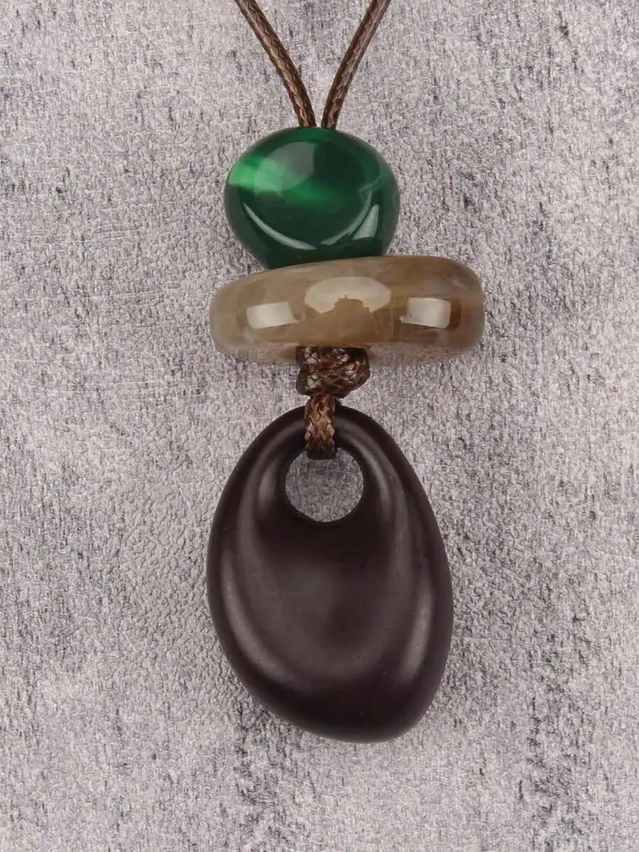 Vintage Resin And Stone Pendant Necklace For Women, Long Chain Bohemian Style