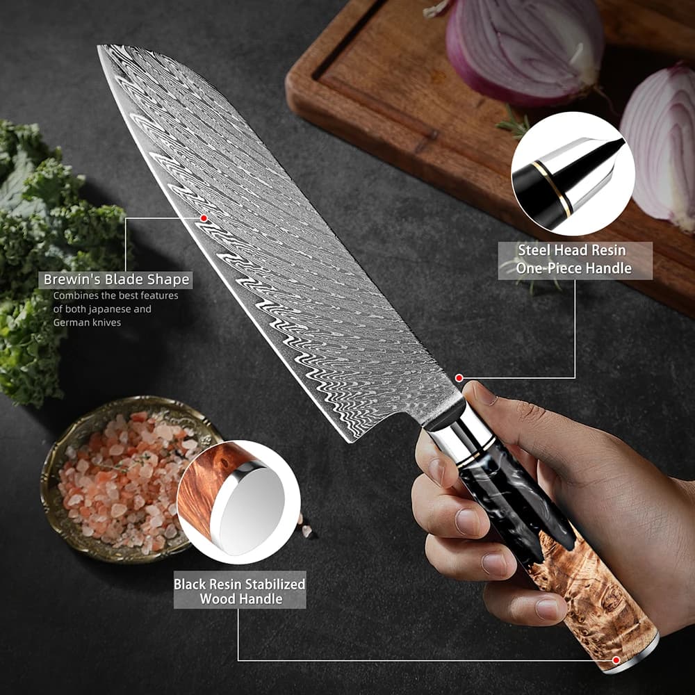 Japanese chef knife 7 inch kitchen knife Santoku sharp knife Damascus steel kitchen knife Black resin cutting knife and wooden handle